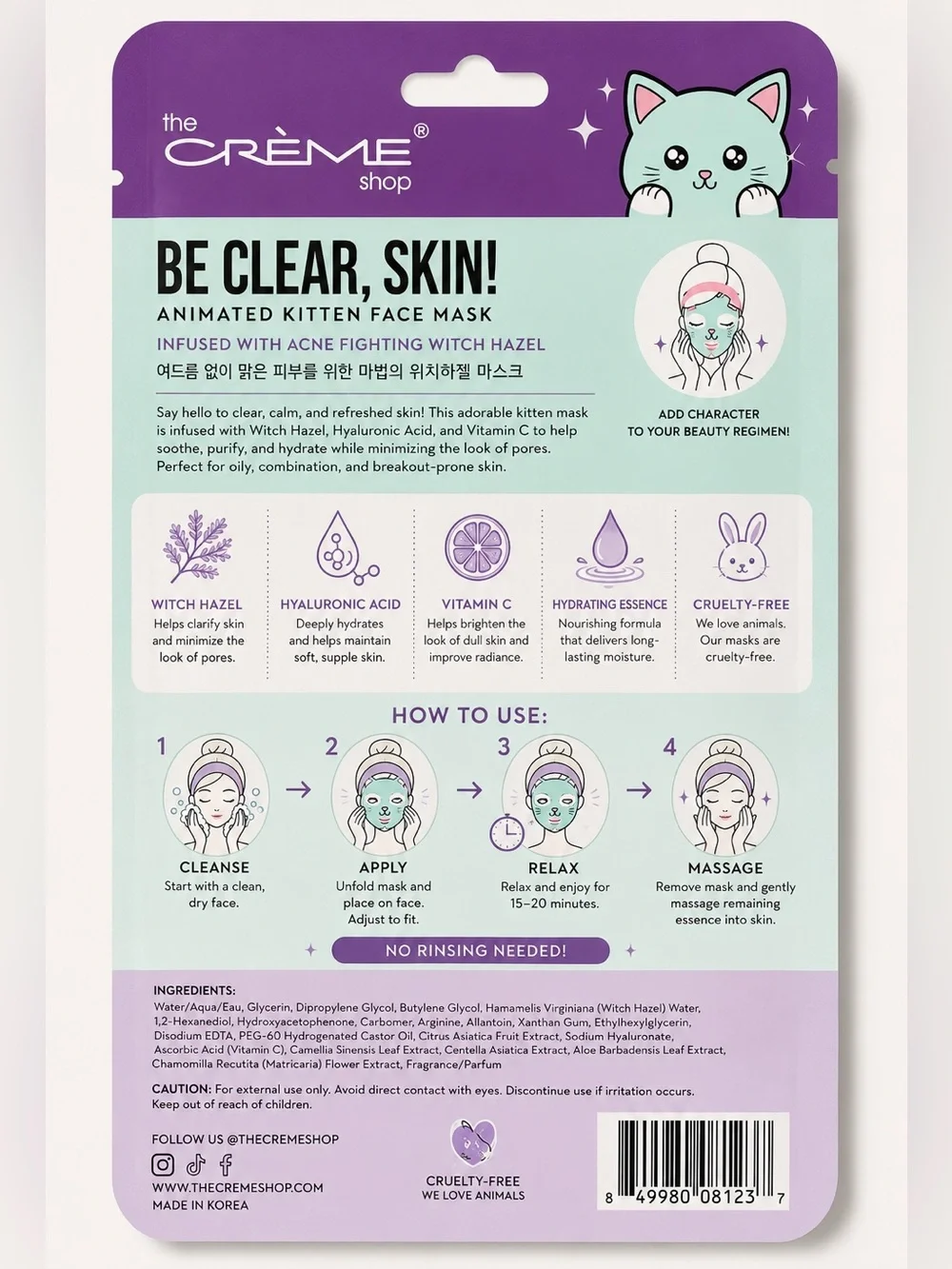 The Crème Shop Be Clear, Skin! Kitten Sheet Mask | Witch Hazel